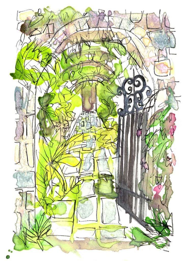 Aquarelle d'une allée de jardin menant à un portail