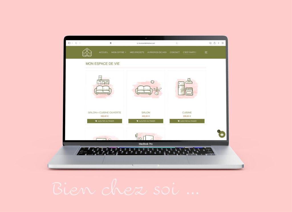 Mockup de la page produits de la boutique en ligne Mon Monde Intérieur sur un Mac