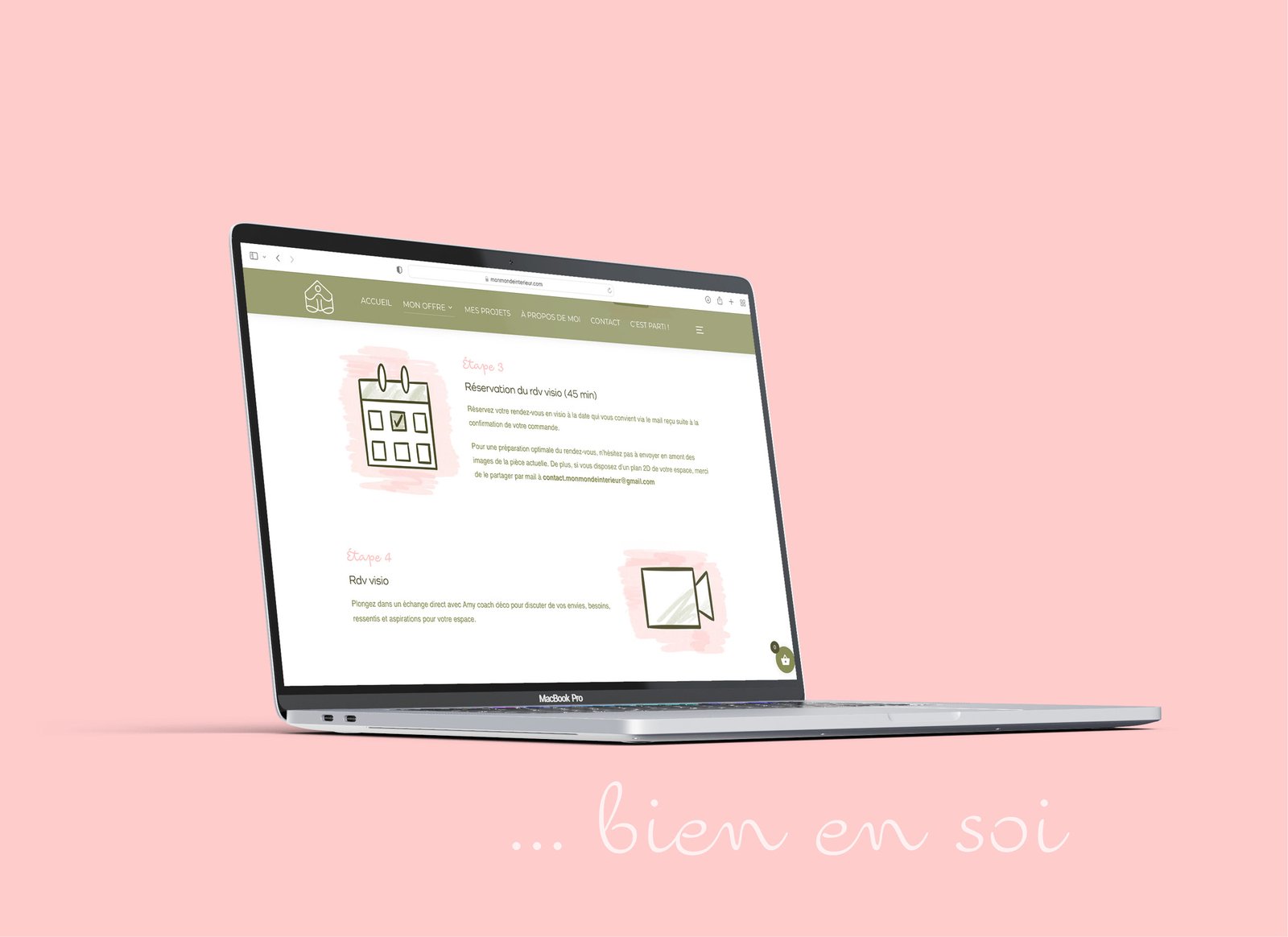 Mockup de la page étapes du site web Mon Monde Intérieur sur un Mac