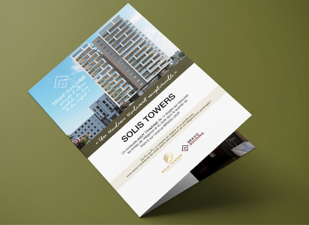 Dépliant élégant pour une agence immobilière de luxe au Sénégal, avec une mise en page simple et des couleurs sobres