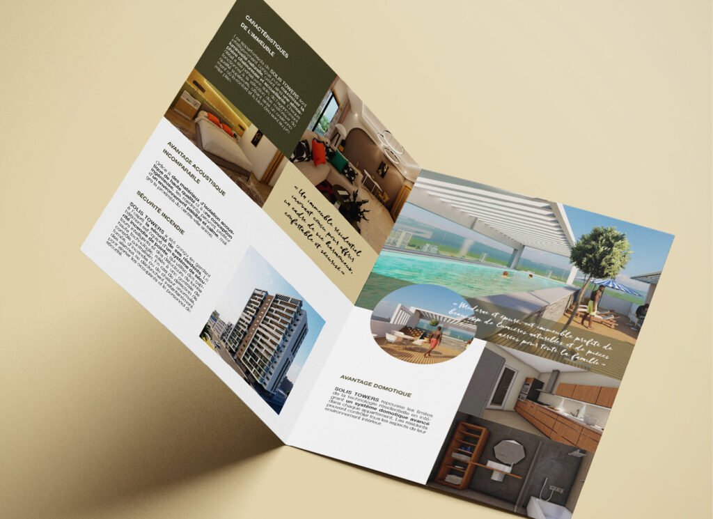 Mise en page dépliant ouvert pour une agence immobilière de luxe au Sénégal