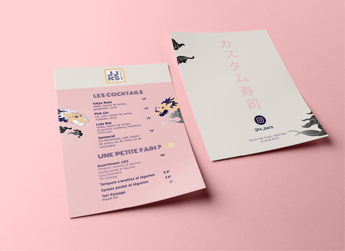 Carte des cocktails du restaurant JJKS présentant des illustrations de dragons et de nuages japonais